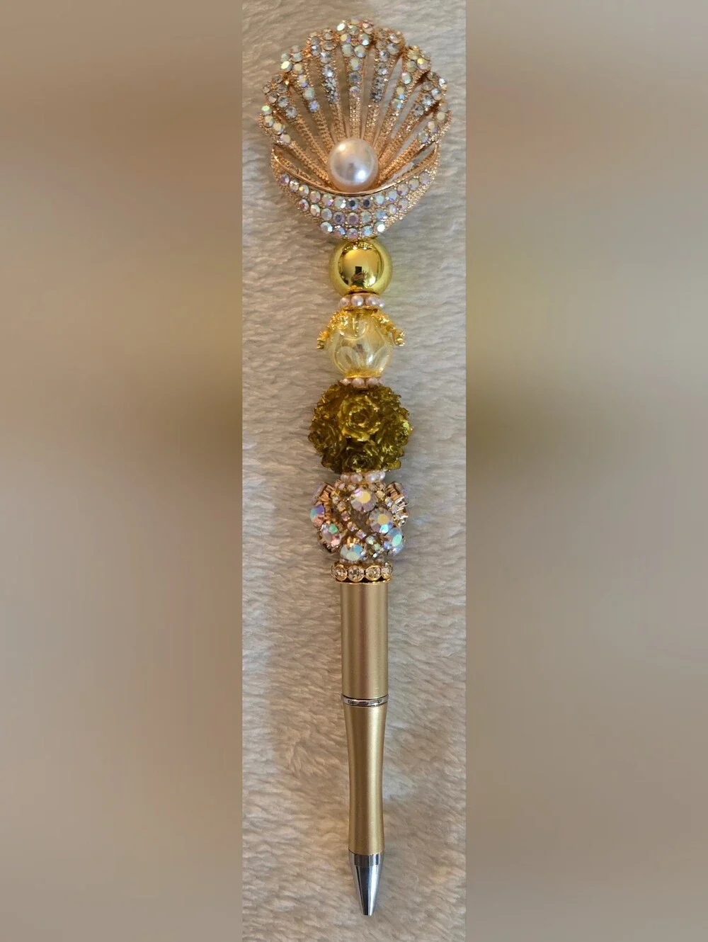 Gold and Iridescent Beaded Pen - Clam Shell With Pearl